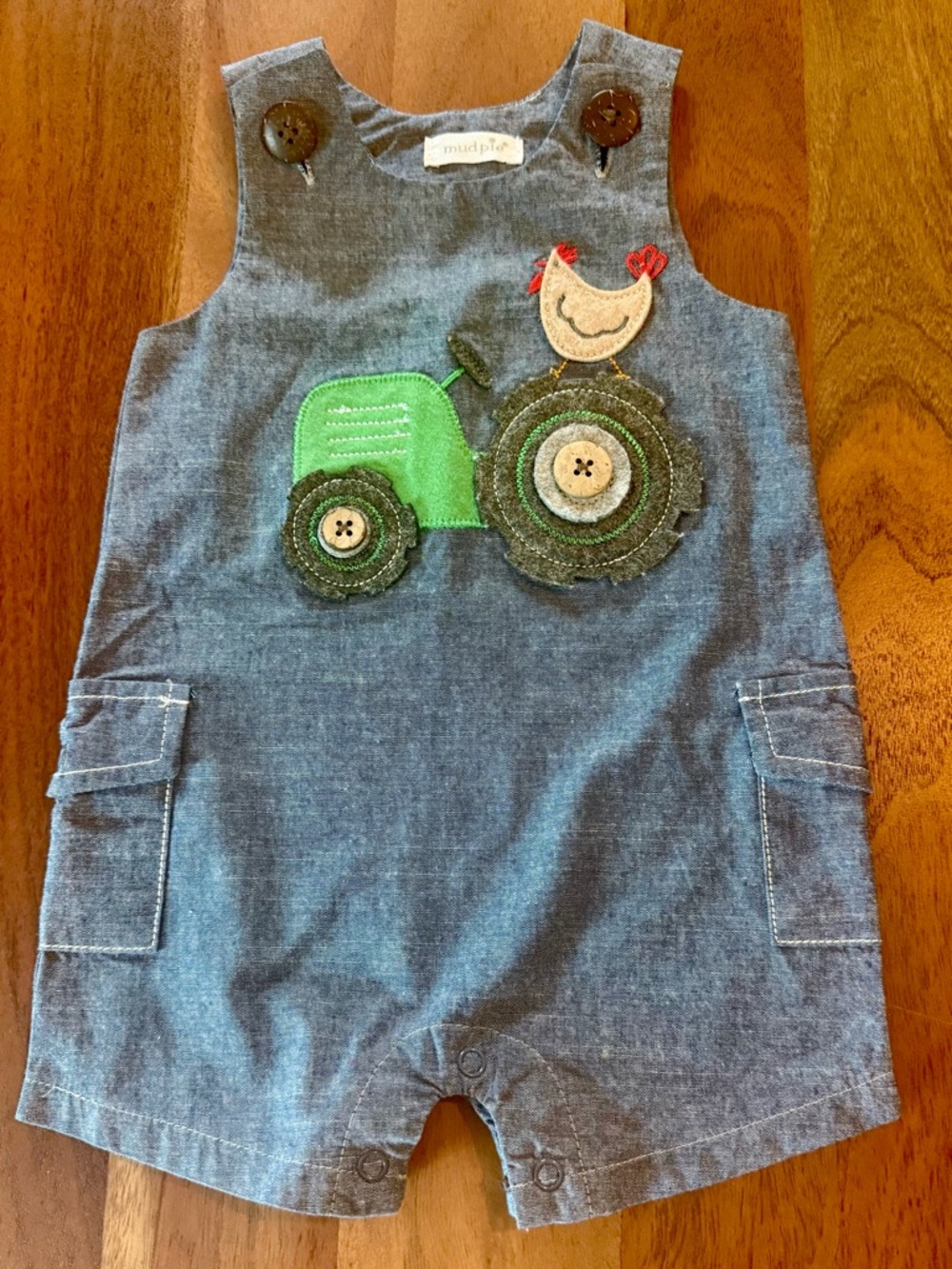 Mud Pie Chambray Toddler Romper with Green Tractor Appliqué Sz 3-6 Months